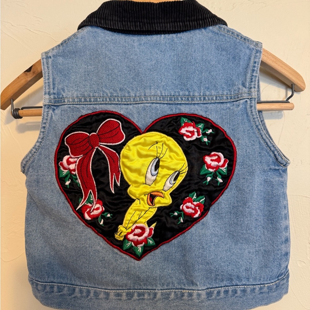 Looney Tunes Warner Bros. Denim Vest with Tweety Bird Heart Embroidery